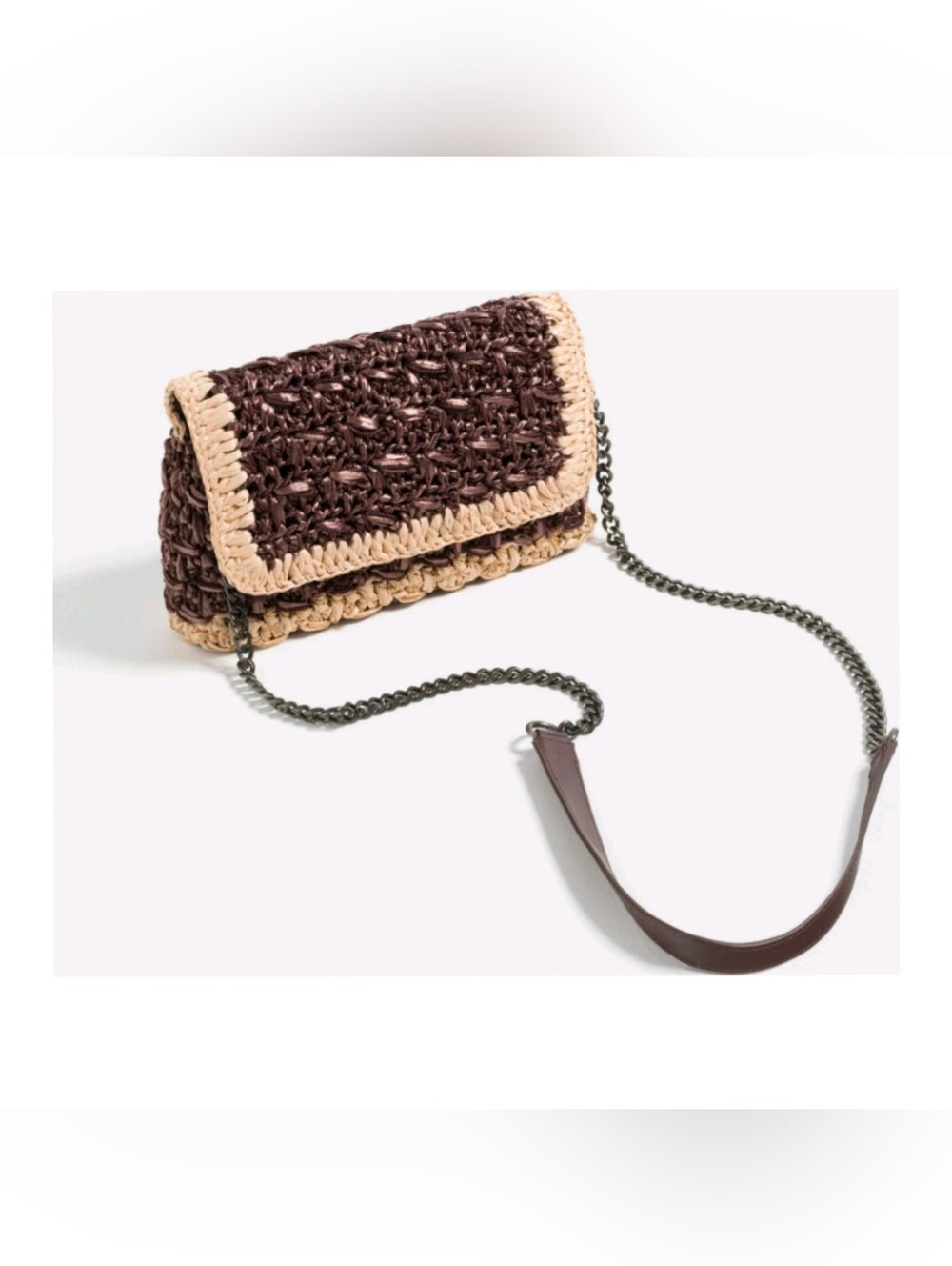 ZARA Woven Straw Crossbody Bag Burgundy Cream Braided Chain Strap Boho